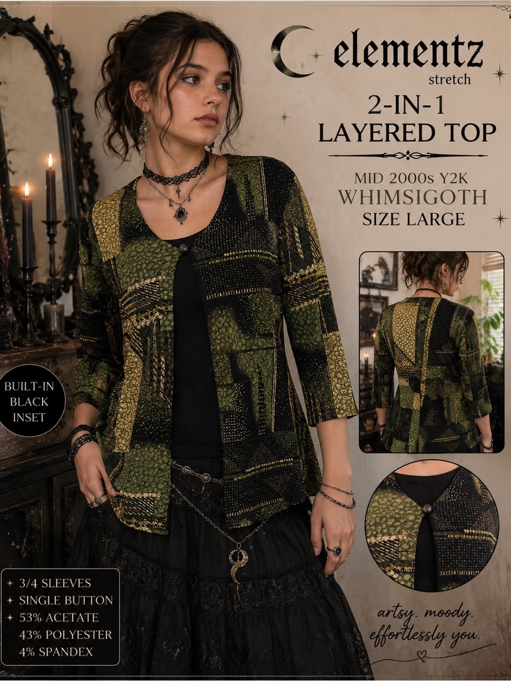 Elementz Y2K Whimsigoth 2 in 1 Abstract Stretch Top Olive Black Large